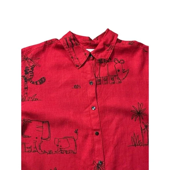 Chico’s red rhino elephant zebra shirt shacket long sleeve size 2 100% linen - Picture 5 of 15
